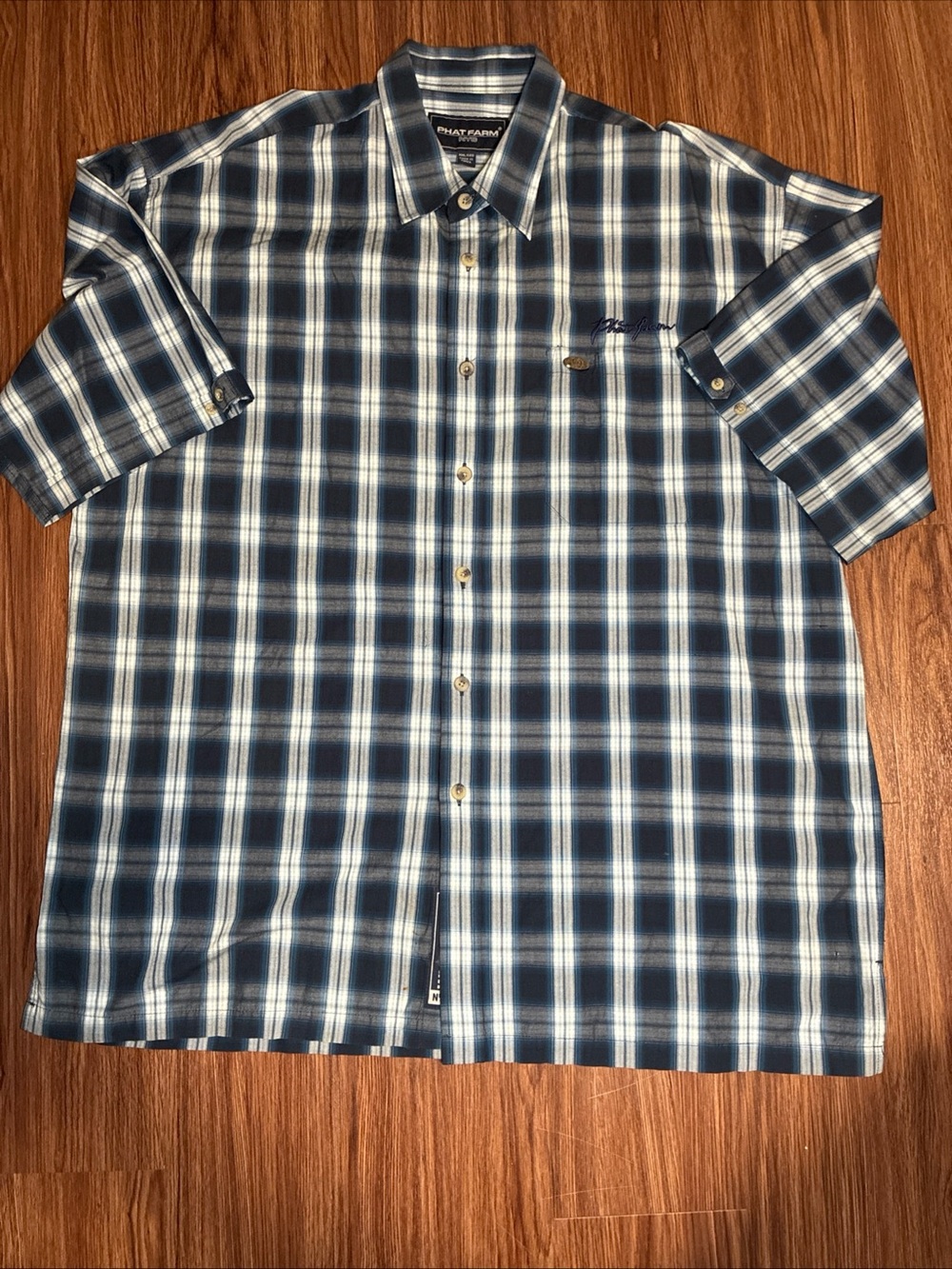 Phat Farm Navy and White Plaid Short-Sleeve Button-Down Shirt